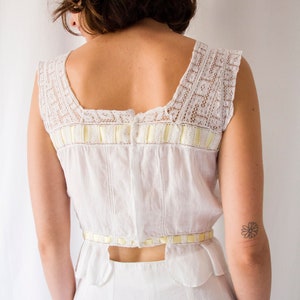 Antique Edwardian white sheer cotton & lace bodice with yellow ribbon // Vintage Victorian 1900s square neckline tank top camisole image 6