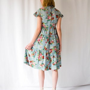 1930s light blue floral print silk tiered dress with peter pan collar // Vintage 30s full skirt flounced day dress, short sleeves image 5