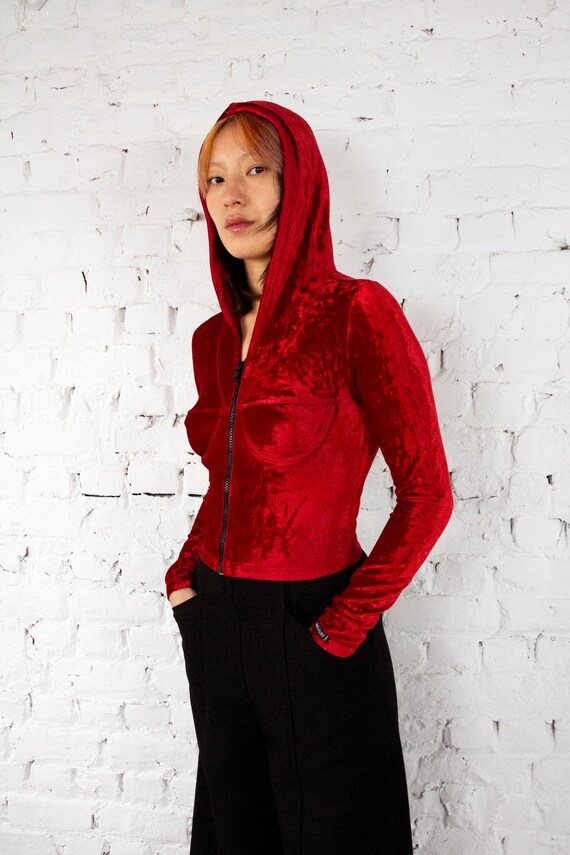 1990s Anti Flirt red velvet hooded zipped bustier… - image 2
