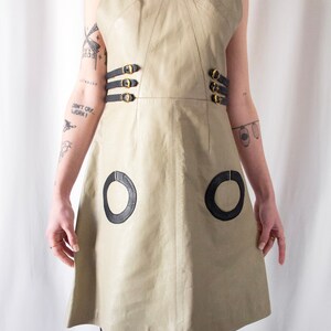 1960s Italian made A line taupe leather dress with gold buckle details // Vintage 60s Mod scooter space age round collar backless mini dress image 6