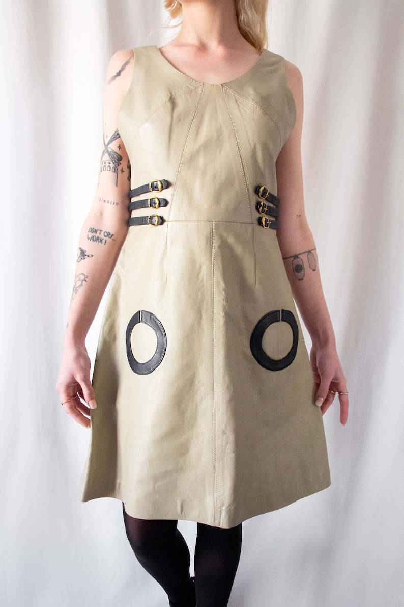 1960s Italian made A line taupe leather dress with gold buckle details // Vintage 60s Mod scooter space age round collar backless mini dress image 6