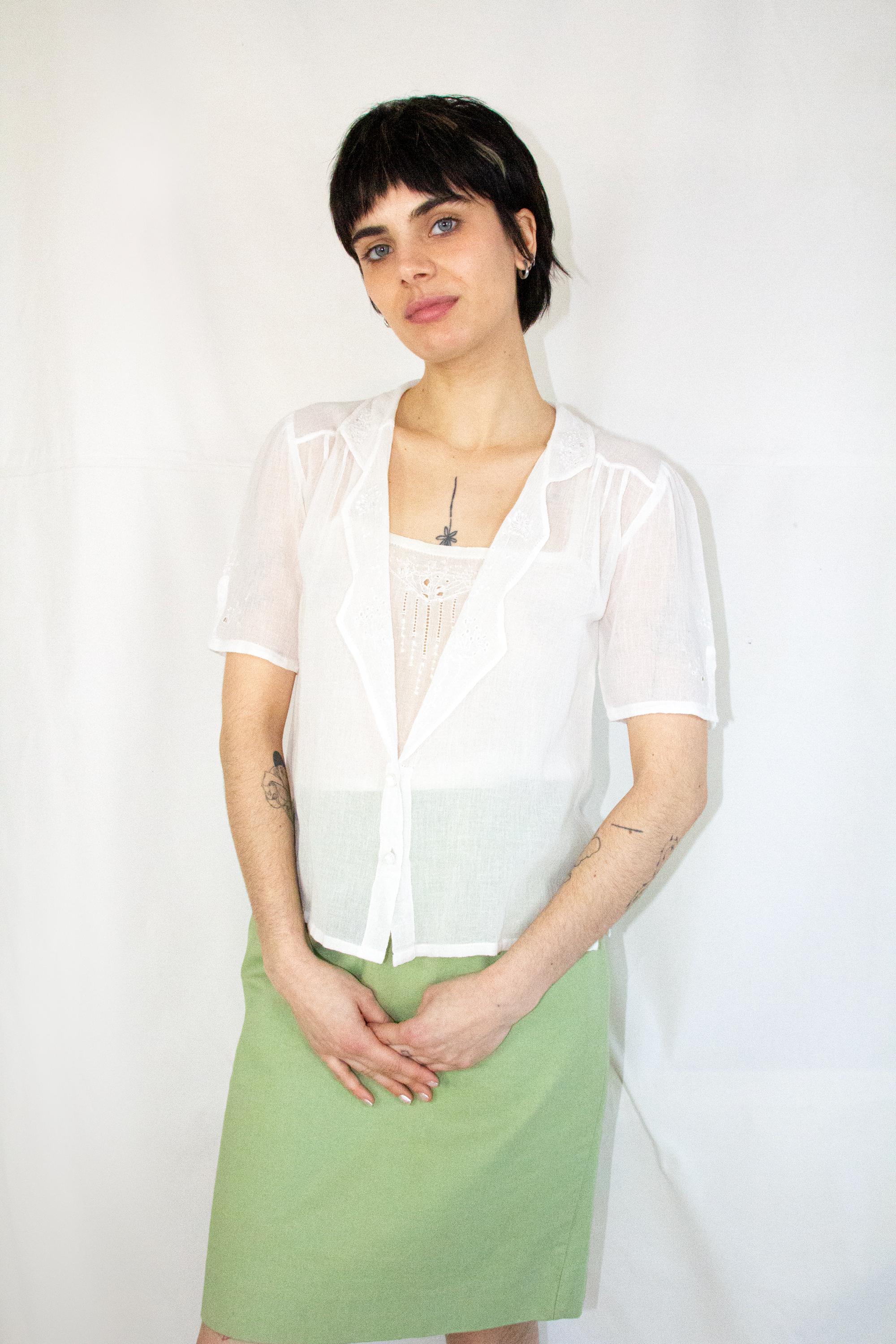 1970s Emmanuelle Khanh White Cotton Gauze Floral Embroidered