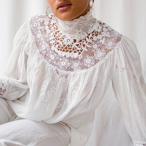 1970s Emmanuelle Khanh White Cotton Gauze Floral Embroidered