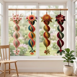 Crochet Wind Spinner Pattern Bundle PDF, 4 Seasonal Flower Spinners, Hanging Garden Decor, Instant Download