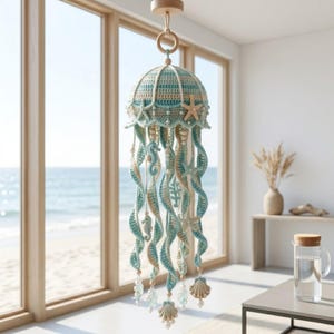 Puede incluir: Móvil de medusa hecho a mano en crochet, en tonos turquesa, beige y blanco. El móvil presenta una parte superior abovedada, estrellas de mar, caballitos de mar y detalles de conchas, con hebras colgantes que terminan en cuentas y conchas decorativas. Cuelga de un anillo y soporte de techo de madera.