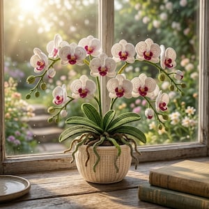 Op de afbeelding: Een gehaakte orchidee met witte bloemblaadjes met magenta centra, groene bladeren en zichtbare wortels, geplaatst in een textuurrijke, crèmekleurige gehaakte pot. De plant toont meerdere bloeiende bloemen en kleine knoppen aan stengels.