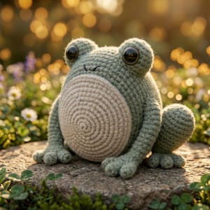 Pode incluir: Uma rã de crochê feita à mão em tons de verde e bege, com olhos grandes e expressivos. A rã está sentada em uma pedra, cercada por um fundo desfocado de flores e luz solar. A barriga da rã tem um desenho em espiral.
