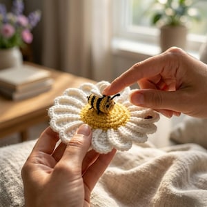 May include: A handmade crochet daisy with a yellow center and white petals, topped with a small, striped bee. The bee has black and yellow stripes and small black antennae. The daisy is held in someone's hands.