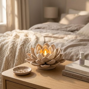 Puede incluir: Un portavelas en forma de flor de loto beige con una vela encendida en su interior, sobre una mesita de noche de madera. Un plato pequeño con joyas y un frasco de aceite esencial también están sobre la mesita. El fondo muestra una cama con una manta beige.