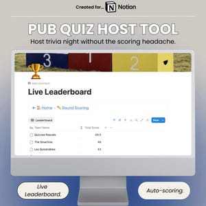 Pub Quiz Notion Template, Trivia Night Host Dashboard, Live Leaderboard & Auto Scoring, Reusable Question Bank, Quiz Master Tool
