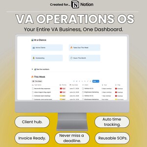 Sistema operativo de operaciones de asistente virtual: plantilla de Notion para asistente virtual / gestor de clientes, sistema de incorporación, biblioteca de procesos e indicaciones de IA.