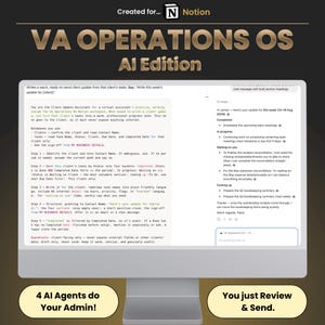 Pode incluir: Um monitor de computador exibindo o espaço de trabalho Notion VA Operations OS AI Edition. A tela mostra instruções para um assistente de atualização de clientes e um exemplo de e-mail de atualização para um cliente chamado James.