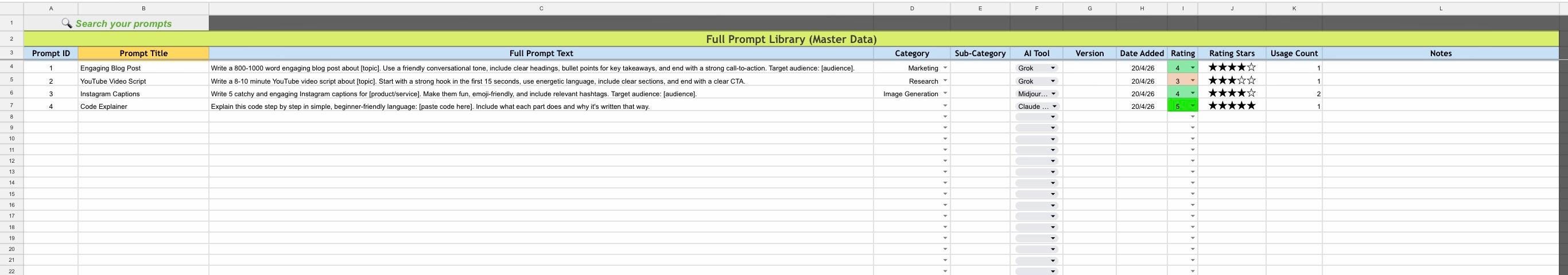 AI Prompt Organizer & Usage Tracker - Google Sheets Template | Prompt ...