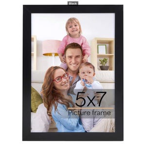 May include: A rectangular black picture frame with a smooth finish. The frame contains a photograph of a family of four. The text 5x7 Picture frame is printed in black on the center of the image. The frame is designed for 5x7 inch photos.
