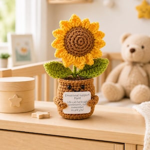 Girasol de ganchillo, apoyo emocional, maceta con flor sonriente y adorable, decoración de escritorio hecha a mano, regalo positivo, mini planta de hilo, regalo para el Día del Padre