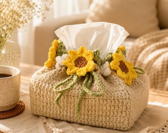 Crochet Sunflower Tissue Box Cover, Cottagecore Tissue Holder, Handmade Floral Tissue Box Cozy, Farmhouse Home Decor, Cute Gift For Her