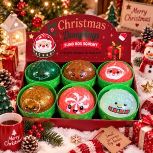 May include: A Christmas Dumplings blind box display containing six round, squishy toys with festive faces. The red cardboard box features the text Christmas Dumplings Blind Box Squishy and 6 Festive Designs to Collect, with illustrations of Santa and a gift.