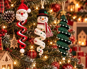 May include: Three crochet Christmas ornaments hanging on a tree: a Santa Claus with a red and white spiral tail, a snowman wearing a black hat and striped scarf with a white spiral tail, and a green Christmas tree with white beads and a gold star.
