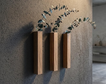 Wandvase Holz ohne Bohren | Holzvase Wand geklebt modern | Trockenblumen Vase Set Eiche Esche | Geschenk Einzug Mietwohnung | Handarbeit