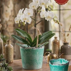 Turquoise Concrete Orchid Pot, Crystal Glass Stone Planter, 13x13cm Premium Pigmented Flower Pot, Modern Indoor Plant Decor Gift for Her