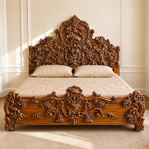 May include: A wooden bed frame featuring an elaborate headboard and footboard with intricate, symmetrical floral and scroll carvings. The bed is dressed with a light beige, quilted mattress and two matching rectangular pillows.