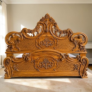May include: A large wooden bed frame featuring an intricate headboard and footboard with elaborate floral carvings, scrollwork, and a diamond-patterned lattice texture. The natural light brown wood grain is visible throughout the detailed structure.