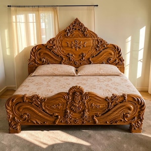Puede incluir: Una estructura de cama de madera grande con un cabecero y piecero ornamentados con intrincados tallados de volutas y motivos florales. La cama está vestida con una funda de colchón de color claro con un patrón floral sutil y repetitivo.