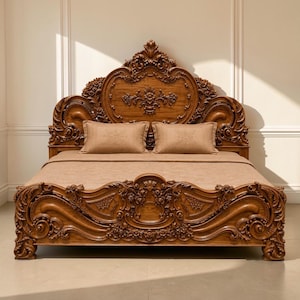 May include: A large wooden bed frame featuring intricate floral and scrollwork carvings on the headboard and footboard. The bed is dressed with a solid tan bedspread and two matching rectangular pillows, showcasing a rich brown wood finish.