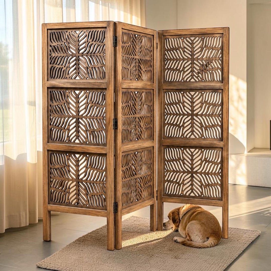 Rustic Timber Partition Mid Century Carved Leaf Wooden Folding Screen Partition | Rustic ...