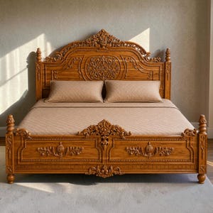 May include: A wooden bed frame featuring an ornate headboard and footboard with intricate floral carvings, finials on the corner posts, and a light brown finish. The bed is dressed with a quilted tan coverlet and two matching rectangular pillows.