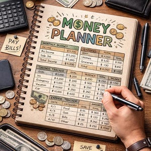 May include: A spiral-bound money planner notebook with a detailed monthly budget and expense tracker. The image includes cash, coins, a calculator, and a wallet, suggesting financial planning and saving.