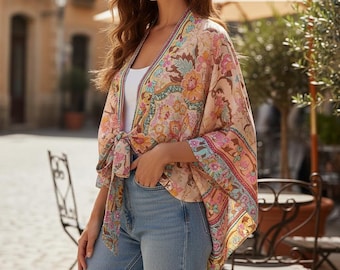Katoenen kimono-badjas met print, boho-loungewear en blokprintstijl strandkleding bedekken, bloemen boho-badjas cadeau voor haar