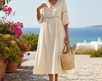 Robe trapèze en lin • Robe midi en coton avec décolleté en dentelle • Vêtements d'été décontractés • Robe bohème coupe ample pour femme