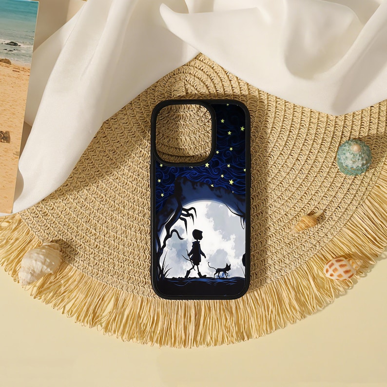 May include: A black smartphone case featuring a graphic illustration of a silhouette of a person and a small cat walking under a large white moon against a dark blue sky filled with yellow stars and swirling patterns, with a camera cutout.