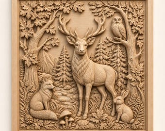 May include: A square wooden wall plaque featuring a detailed relief carving of a forest scene. The artwork depicts a central stag with antlers, a fox, a rabbit, and an owl perched in a tree, surrounded by oak leaves, pine trees, and mushrooms.