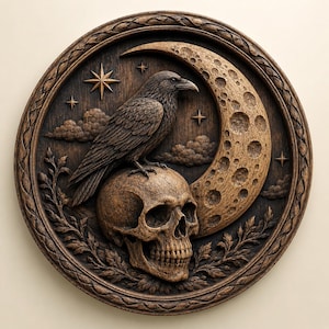 Puede incluir: Una placa de pared circular de madera con una talla en relieve detallada de un cuervo posado sobre un cráneo humano. La escena incluye una luna creciente texturizada, estrellas y nubes, enmarcada por un borde trenzado en tonos marrones.
