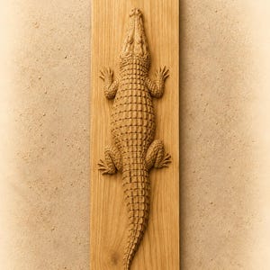 Könnte beinhalten: Eine hellbraune Wandplatte aus Holz mit einer detaillierten, dreidimensionalen Reliefschnitzerei eines Krokodils. Das Krokodil ist vertikal nach oben ausgerichtet, wobei seine strukturierten Schuppen und Gliedmaßen deutlich auf dem Holz zu sehen sind.