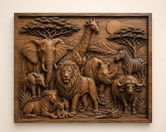 May include: A rectangular wooden wall plaque featuring a detailed relief carving of African savanna wildlife. The scene includes an elephant, a giraffe, a lion, a rhinoceros, a zebra, and a buffalo, all set against a backdrop of trees and a sun.