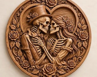 May include: A circular wooden wall plaque featuring a detailed relief carving of two skeletons facing each other. One skeleton wears a top hat with a rose, while the other has roses in their hair. The pair is framed by a heart and roses.