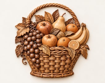 May include: A decorative wall hanging featuring a carved wooden basket filled with assorted fruits including grapes, apples, a pear, oranges, and bananas. The piece displays intricate wood grain textures and detailed leaves surrounding the fruit.