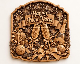 Happy New Year STL File, Champagne 3D Relief Wall Art, CNC Wood Carving, Celebration Plaque, Holiday Decor
