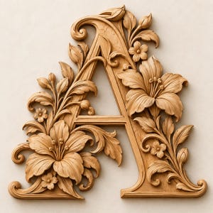 Puede incluir: Una letra A de madera de color marrón claro con intrincadas tallas en relieve de flores de lirio en flor, capullos y follaje en espiral. La pieza decorativa muestra una textura de veta de madera natural con pétalos y hojas detallados.