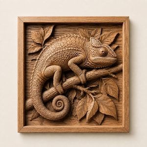 Könnte beinhalten: Ein quadratisches Wandbild aus Holz mit einer detaillierten Reliefschnitzerei eines Chamäleons, das auf einem von Blättern umgebenen Ast sitzt. Das Kunstwerk ist in einen passenden hellbraunen Holzrahmen gefasst und zeigt natürliche Holzmaserungen.