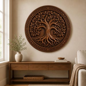 May include: A circular dark brown wooden wall art piece featuring a detailed relief carving of a tree with intricate roots and branches. The design is enclosed within a decorative braided border, showcasing natural wood grain and deep textures.