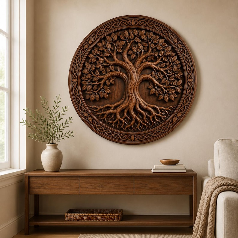 May include: A circular dark brown wooden wall art piece featuring a detailed relief carving of a tree with intricate roots and branches. The design is enclosed within a decorative braided border, showcasing natural wood grain and deep textures.