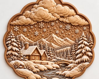 May include: A circular wooden wall plaque featuring a relief carving of a winter landscape. The scene depicts a snow-covered cabin, pine trees, mountains, a small bridge over a stream, and clouds with falling snowflakes in a light brown wood tone.