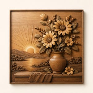 May include: A square wooden wall art piece featuring a relief carving of a vase filled with sunflowers and foliage. The background depicts a landscape with a sun rising over mountains and water. A draped cloth rests on the ledge beneath the vase.