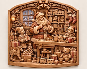 May include: A detailed wooden wall carving depicting Santa Claus and two elves in a workshop. Santa paints a toy train at a workbench, while elves wrap gifts. The scene includes a rocking horse, teddy bears, toy trains, and stockings.