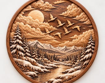 Winter Mountain Landscape STL, Snowy Forest 3D Relief Wall Art, CNC Wood Carving, Nature Wall Decor