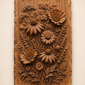 May include: A rectangular wooden wall plaque featuring a high-relief carving of a wildflower bouquet. The brown wood panel displays detailed depictions of coneflowers, poppies, and various small blossoms with textured leaves and stems.